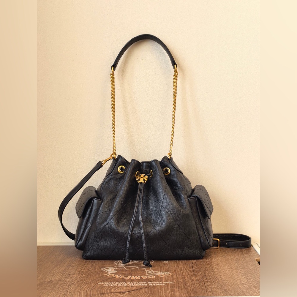 Tory Burch Black Quilted Leather Bucket Bag with Dual Straps
